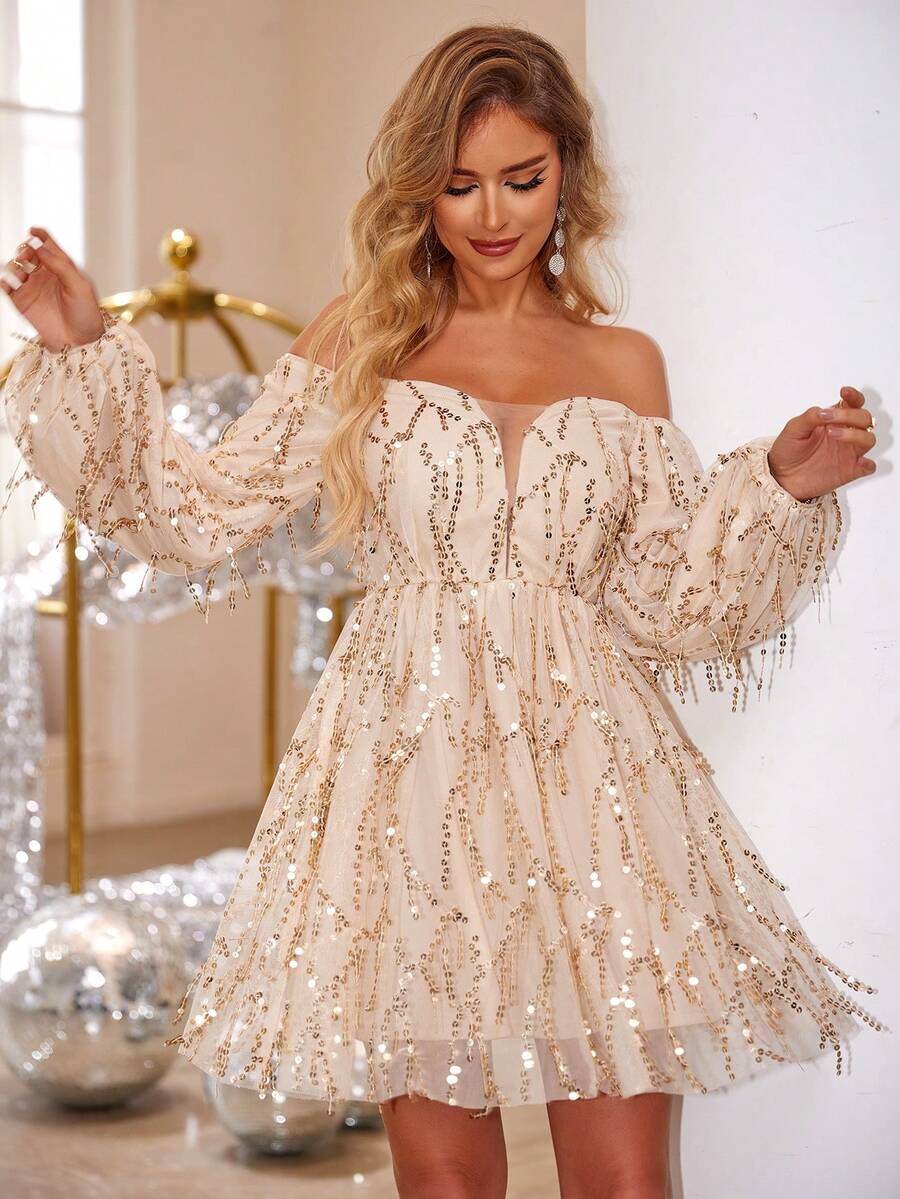 Joyfunear Women's Fringe & Sequin Off-Shoulder Long Sleeve Formal Dress, Suitable For Spring, Summer, Autumn, Winter Party Wedding - Champagne - View 1