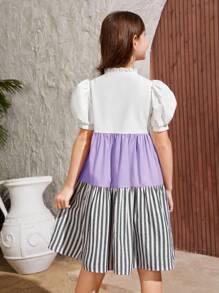 SHEIN Tween Girl Woven Striped Button Detail Vacation Mini Dress