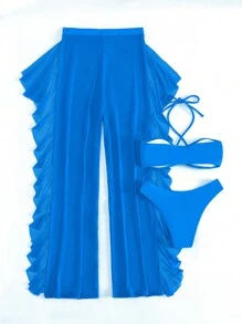 SHEIN Swim Summer Beach Women's Solid Color Cross Halter Strap Separated Bikini Set, Steel-Free, 3pcs/Set