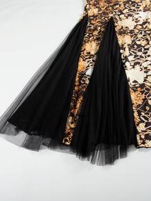 Sleeveless Round Neck Mesh Spliced Floral Print Slim Waist Dress