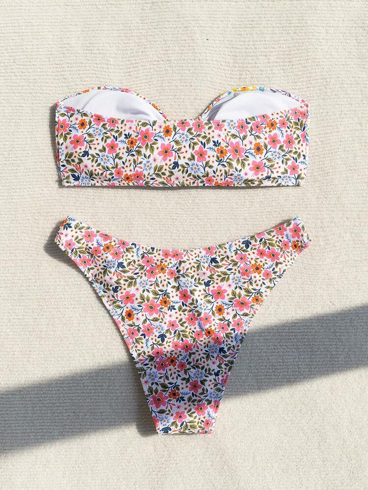 Women's Floral Print Bandeau Bikini Set For Summer Beach Vacation