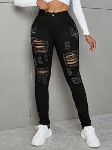 SHEIN SXY Jeans ajustados rotos de talle alto - Negro - Ver 4