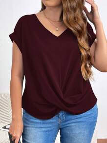 SHEIN Frenchy Plus Size Women's Twist Knot Hem Batwing Short Sleeve V Neck Blouse - Burgundy - View 3