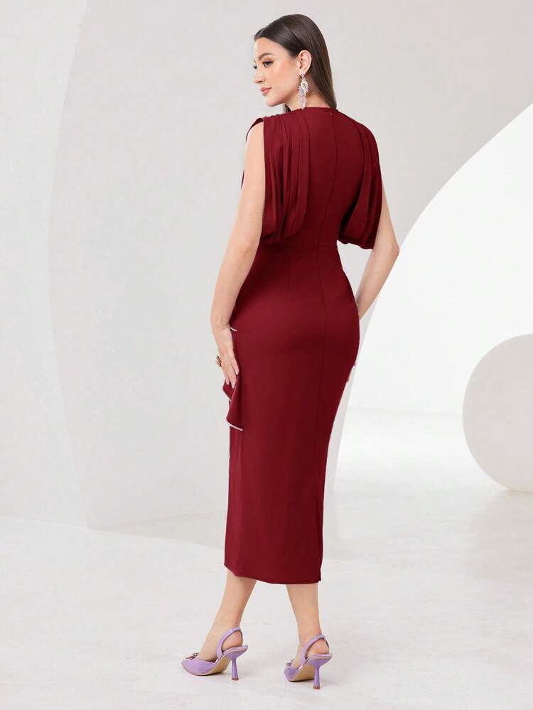 Burgundy Red Sleeveless Rhinestone Decoration Slim Fit Bodycon Dress Long Evening Dresses