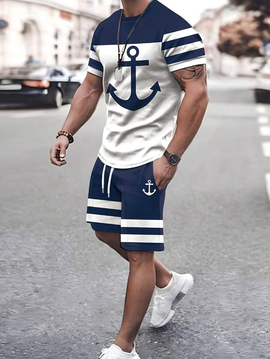 Manfinity Homme Men's Anchor Striped Graphic Print Round Neck Short Sleeve T-Shirt And Shorts Set, Going Out - Black - View 1