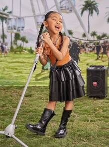 SHEIN Young Girl Music Festival 2pcs/Set Pu Fringe Camisole Top And Pu Skirt Suit, Suitable For Daily Party Performance, Summer