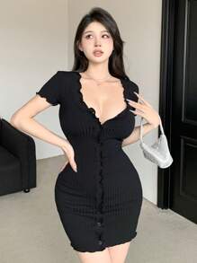 DAZY Women's V-Neck Button Front Bodycon Short Sleeve Dress Summer Sundress,Mini Dress