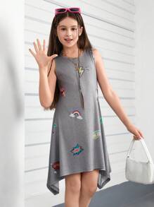 SHEIN Cartoon Printed Asymmetrical Hem Dress For Tween Girls - Grey - View 5