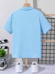 SHEIN Tween Boy Loose Fit Casual Solid Texture Turn-Down Collar Woven Short Sleeve Shirt, Suitable For Summer