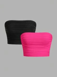 SHEIN EZwear 2 件装纯色褶皱针织露肩上衣 - 玫紅色 - 查看 8
