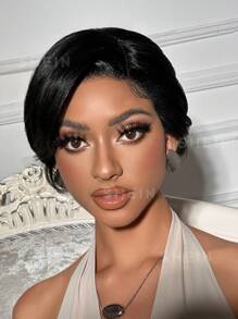 Straight Pixie Cut 13 X 4 X 1 T-Part Lace Wig Lace Front Natural Hair Wigs Short Hair Replacement Wig High Density - Natural Black - View 5