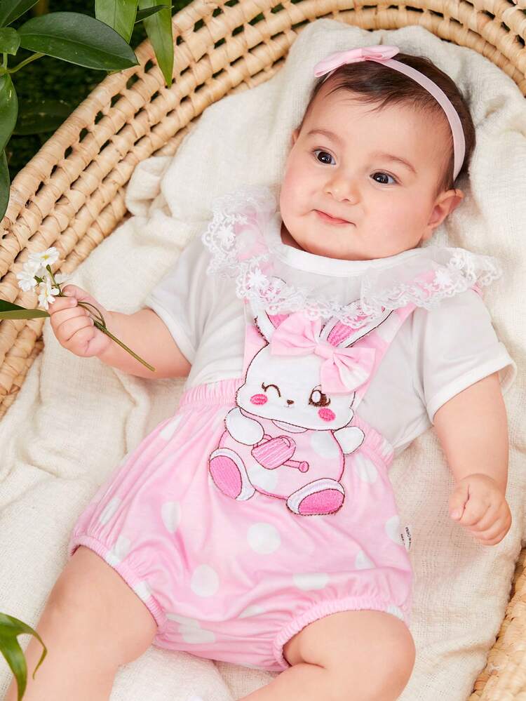 2pcs/Set Baby Girl Casual Cute Rabbit Embroidery Polka Dot & Printed Bodysuit With Lace Trim Top Outfits For Spring And Summer Outdoor Occasions
