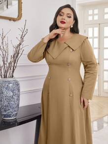 Modelyn Vestido de unicolor de talla grande con cuello asimétrico y bajo de campana - Albaricoque - Ver 5