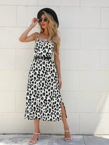 SHEIN LUNE Women's Leopard Print Side Split Spaghetti Strap Dress - White - View 5