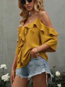 SHEIN Clasi Áo Sơ Mi Nữ Tay Ngắn Ruffle Viền Ruffle, Mùa Hè - Màu vàng - Xem 6