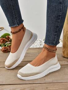 女士一脚蹬休闲运动鞋，女士针织乐福鞋轻便防滑平底舒适步行鞋 - 米色 - 查看 4