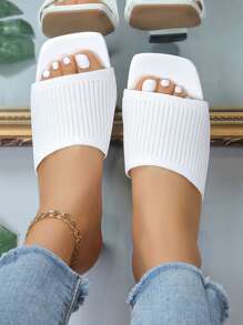 2024 时尚休闲系带粗跟针织高跟方头女式拖鞋，户外派对和休闲 - 白色 - 查看 5