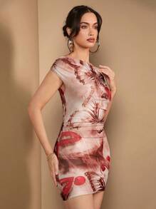 SHEIN BAE Vestido asimétrico ajustado con cuello asimétrico sexy y malla impresa para el festival de música