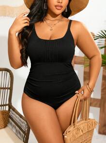 SHEIN Swim Curve Summer Beach Plus Size Women's Solid Color Pleated One-Piece Swimsuit With Shoulder Straps - Black - View 4