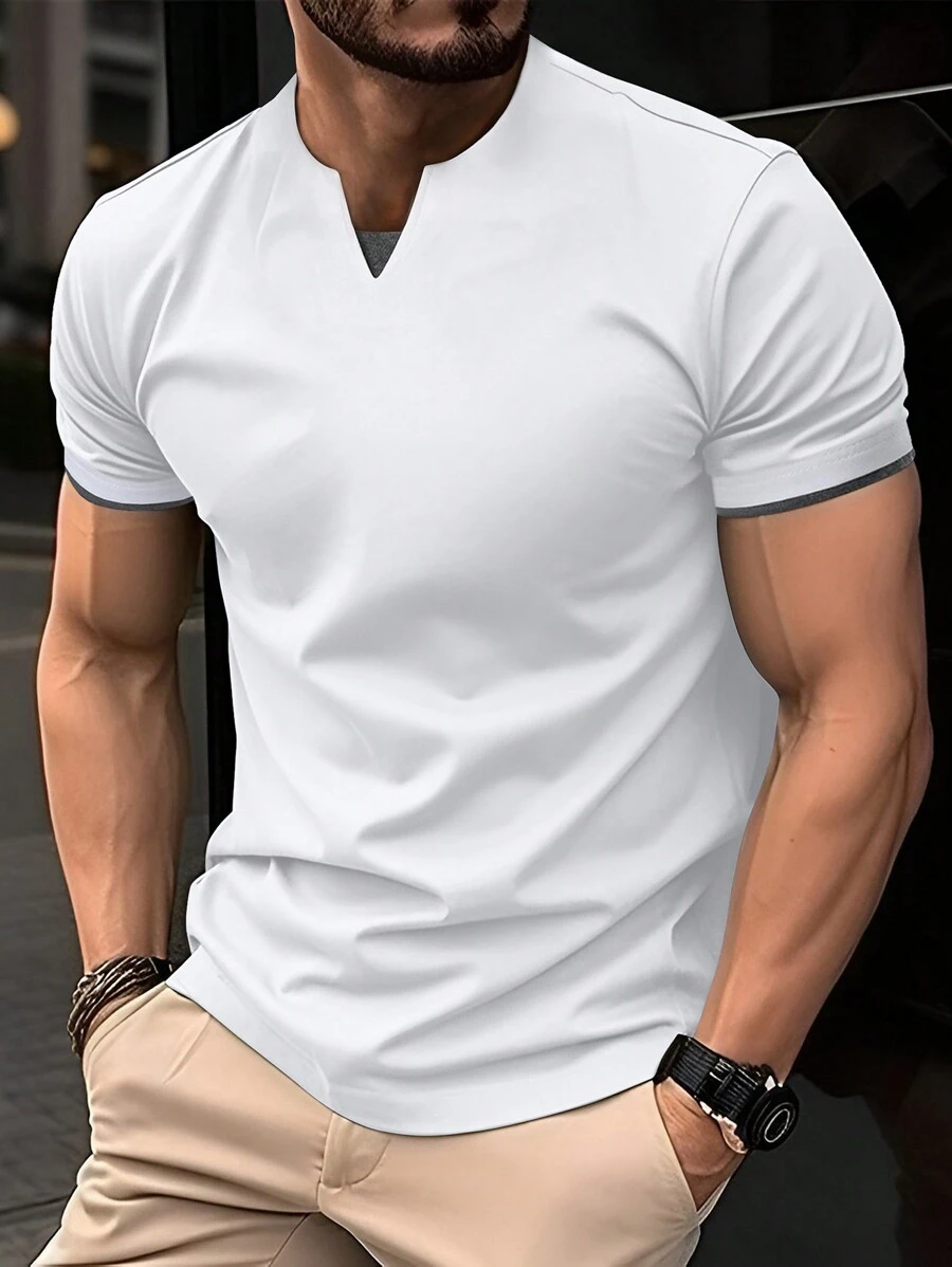 Manfinity Homme 男士商务休闲短袖纯色缺口领 T 恤,适合外出,适合丈夫, - 白色 - 查看 1