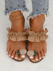 Dép đế bằng hở mũi đính hạt trang trí trái cây mới cho nữ màu kaki cho mùa hè - Màu Khaki - Xem 5