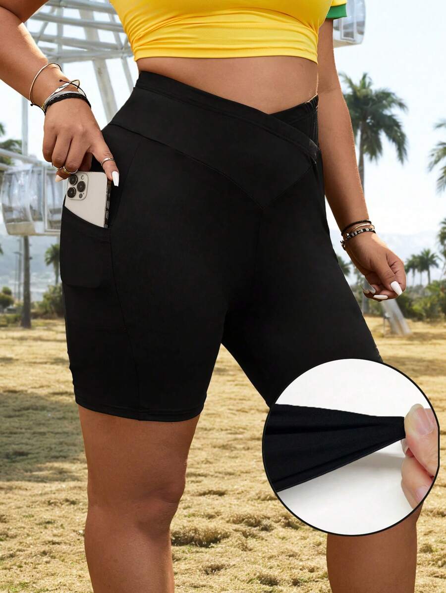 SHEIN EZwear Plus Size Women's Asymmetric Waist Casual Cycling Pants With Pockets - Black - View 1