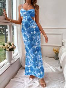 SHEIN VCAY Women Dresses Backless Criss Cross Tie Back Tie Dye All Over Print Seksi Boho - Biru - View 3