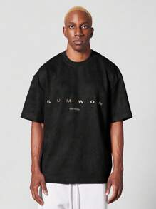 SUMWON 常规版型绒面革短袖 T 恤，正面刺绣