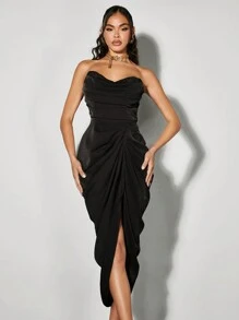 SHEIN BAE 優雅不對稱褶皺露背連身洋裝