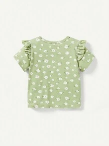 Cozy Pixies 3pcs Baby Girl's Floral Print Round Neck Ruffle Hem Short Sleeve Top Set - Apricot - View 2