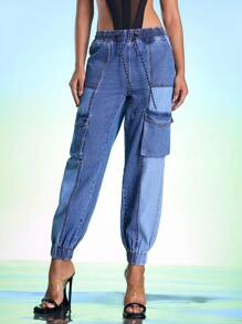 SHINGO 设计师款双色抽绳腰牛仔牛仔裤，适合度假、休假、春季、节日、伊比沙岛 - 中等水洗藍 - 查看 7