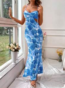 SHEIN VCAY Women Dresses Backless Criss Cross Tie Back Tie Dye All Over Print Seksi Boho - Biru - View 4
