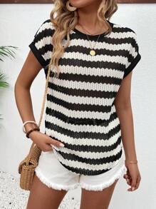 Breezaya Striped Texture Batwing Sleeve Casual T-Shirt - Multicolor - View 3
