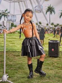 SHEIN Young Girl Music Festival 2pcs/Set Pu Fringe Camisole Top And Pu Skirt Suit, Suitable For Daily Party Performance, Summer