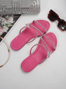 Sandalias De Mujer Con Varias Correas Y Distintas Decoraciones De Lazos De Diamantes De Imitación En Colores Brillantes, Estilo Francés, Zapatos Blancos Elegantes Para El Verano Y El Otoño - Rosa Fucsia - Ver 7