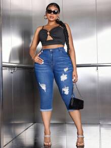 SHEIN CURVE+ Women's Plain Casual Plus Size Jeans For Daily Wear