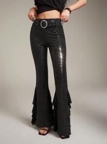 SHEINNeu 女式亮片高腰喇叭裤，配钩眼扣 - 黑色 - 查看 1