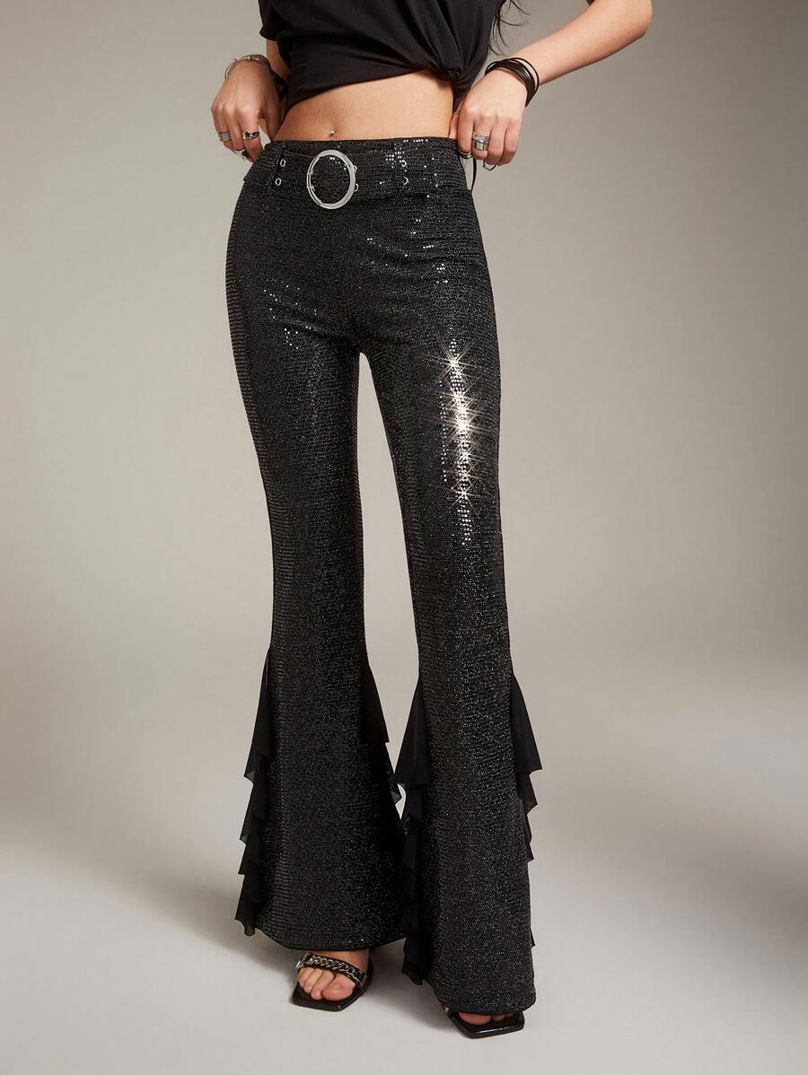 SHEINNeu 女式亮片高腰喇叭裤，配钩眼扣 - 黑色 - 查看 1