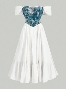 SHEIN MOOSTA Đầm Maxi hở vai họa tiết hoa cỡ lớn có viền xếp nếp với viền bất đối xứng dành cho nữ - Nhiều màu - Xem 1