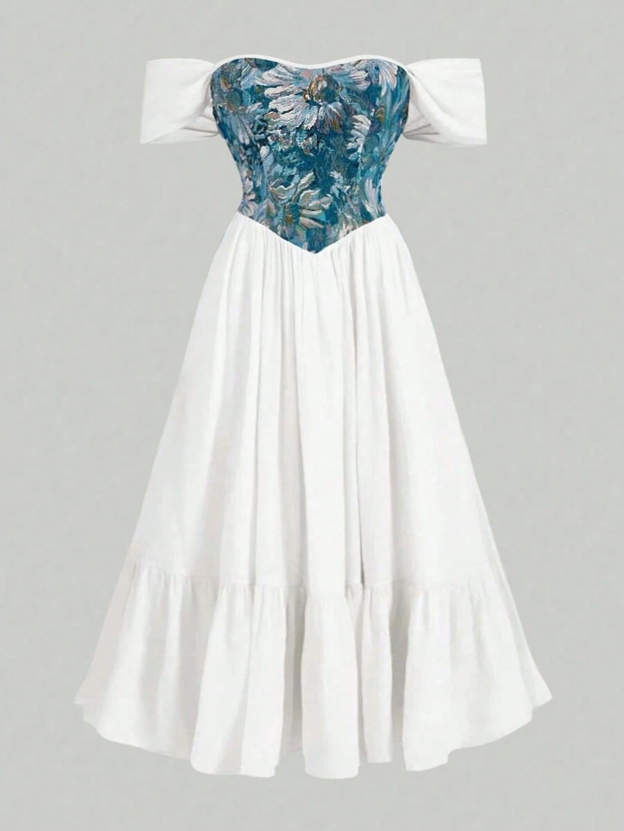 SHEIN MOOSTA Đầm Maxi hở vai họa tiết hoa cỡ lớn có viền xếp nếp với viền bất đối xứng dành cho nữ - Nhiều màu - Xem 1