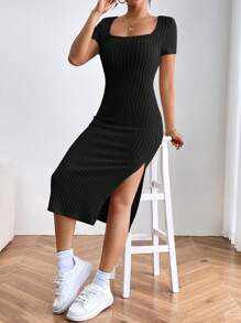 SHEIN PETITE 女士方領短袖開叉洋裝 - 黑色 - 查看 6