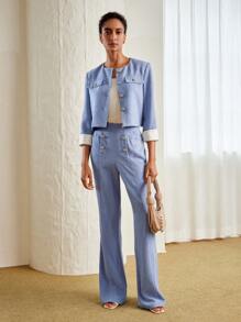 MOTF PREMIUM LINEN CONTRAST CUFF BUTTON PLACKET JACKET - Blue - View 6