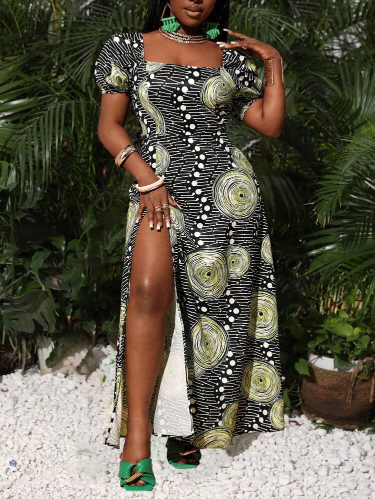 Summer Casual Vacation Square-Neck Puff-Sleeved Short-Sleeved High-Slit Wavy All-Over Printed Women's Dress-Z