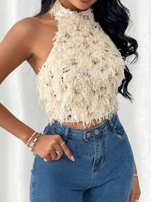 SHEIN Privé Top De Espalda Descubierta Con Flecos Y Lentejuelas Brillantes Para Mujer - Albaricoque - Ver 5