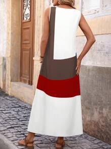 EMERY ROSE Sleeveless Printed Color Block Dress For Women, Pocket-Free, Summer Maxi Women Outfit