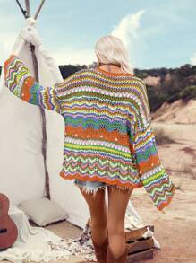 SHEIN LUNE Suéter Con Hombros Caídos Y Estampado De Ondas De Colores Para Mujer, Perfecto Para Vacaciones