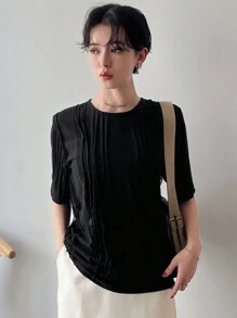 FRIFUL T-shirt à manches courtes texturé de couleur unie pour femmes, Décontracté chic pour femmes
