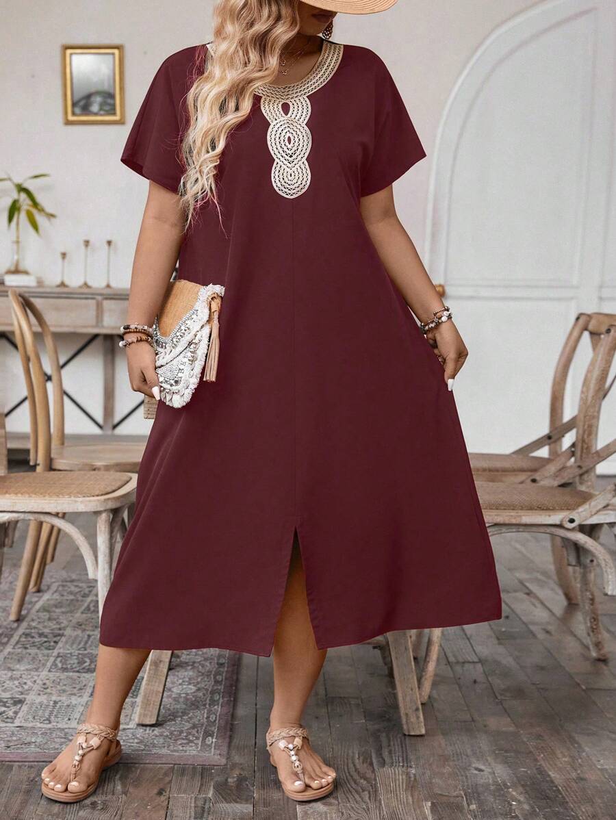 SHEIN LUNE Kích thước lớn Của phụ nữ Lỏng lẻo phù hợp Ngắn tay Đầm Với Đã vá Thắt lưng - Màu Đỏ Sâu - Xem 1
