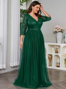 Vestido formal de gala de talla grande para mujer, con lentejuelas y corte evasé - Verde Oscuro - Ver 5