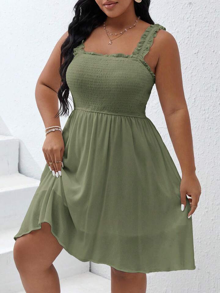 SHEIN VCAY Plus Size Boho Frill Trim Shirred Bodice Dress, For Summer